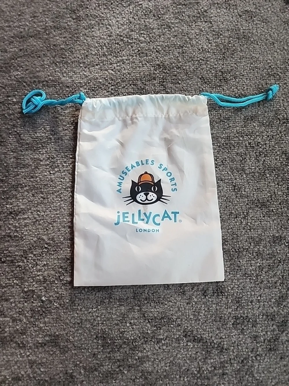Jellycat White Drawstring Pouch with Turquoise Cord & Cat Logo